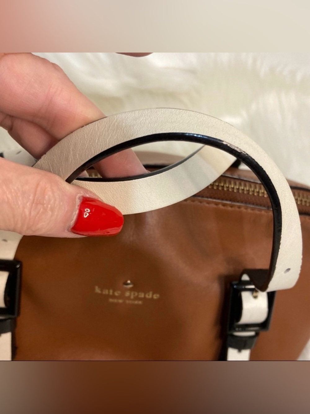Kate Spade Brown Leather Bag with White Strap Accents - Picture 4 of 7